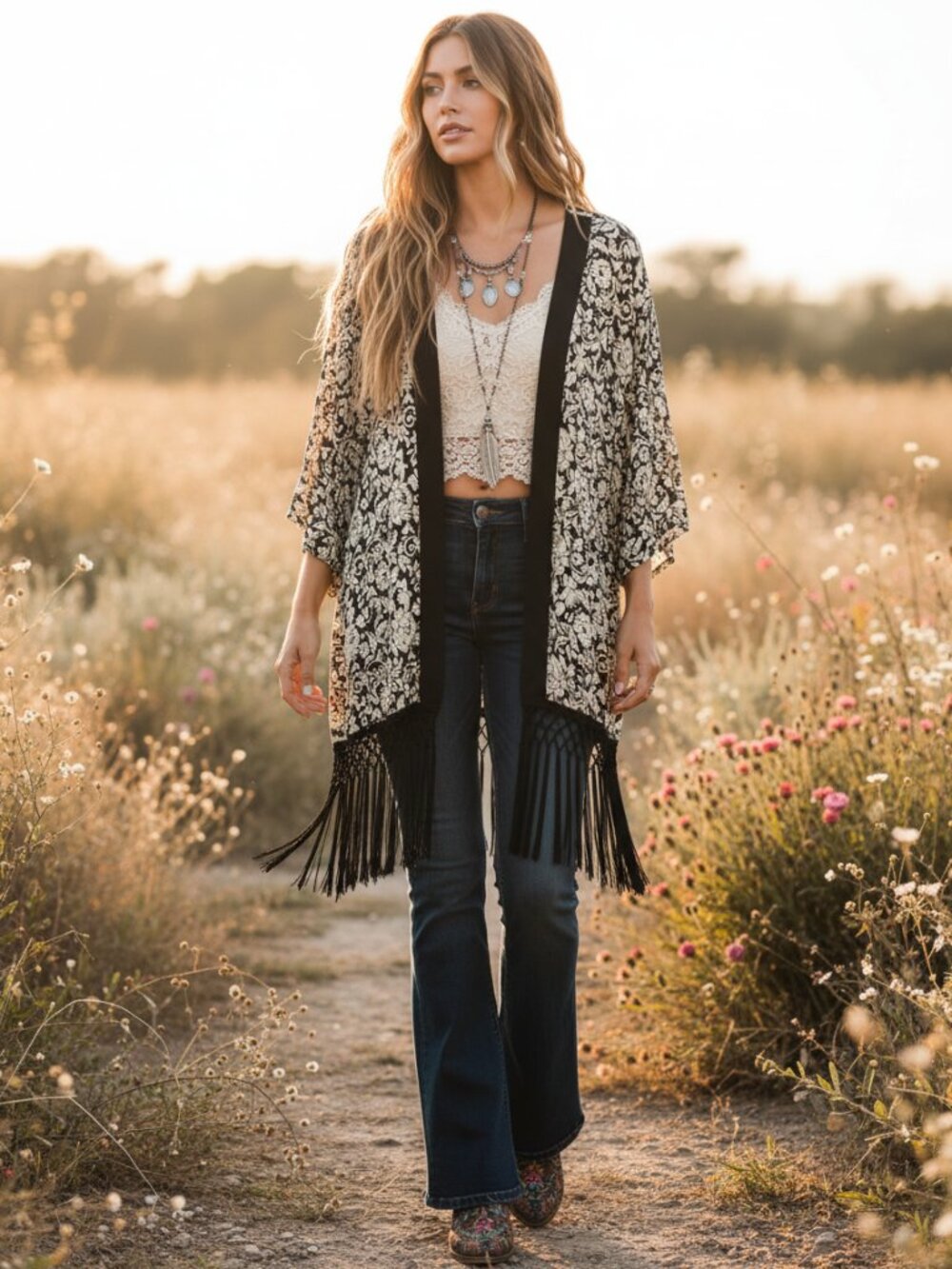 Entro L Kimono Wrap Top Black Cream Floral Fringe Boho Flowy Whimsigoth‎ Chic